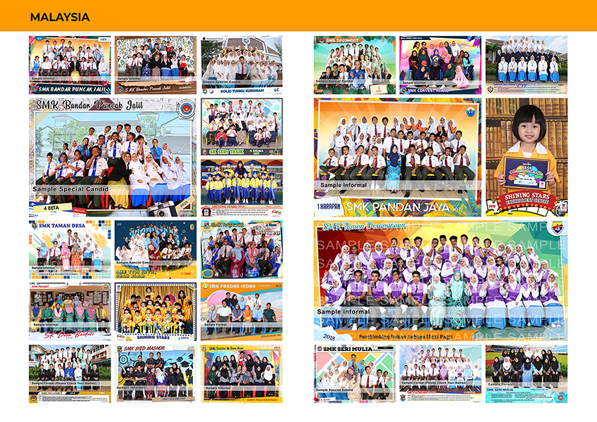 A collage of school photography samples from across Malaysia, including class portraits, candid shots and event coverage.